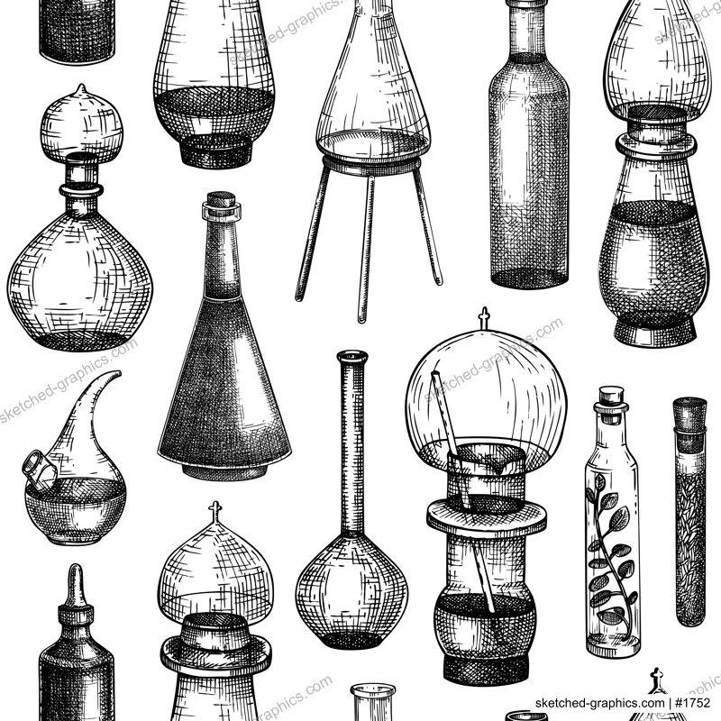 Antique apothecary glassware background. Alchemy bottles seamless pattern. Perfume bottles, vintage jars sketches. NOT AI generated