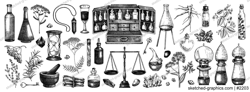 Vinatge apothecary hand-drawn vector illustrations. Antique apothecary box, scales, glassware, medicinal herb and healing plants sketches. NOT AI generated