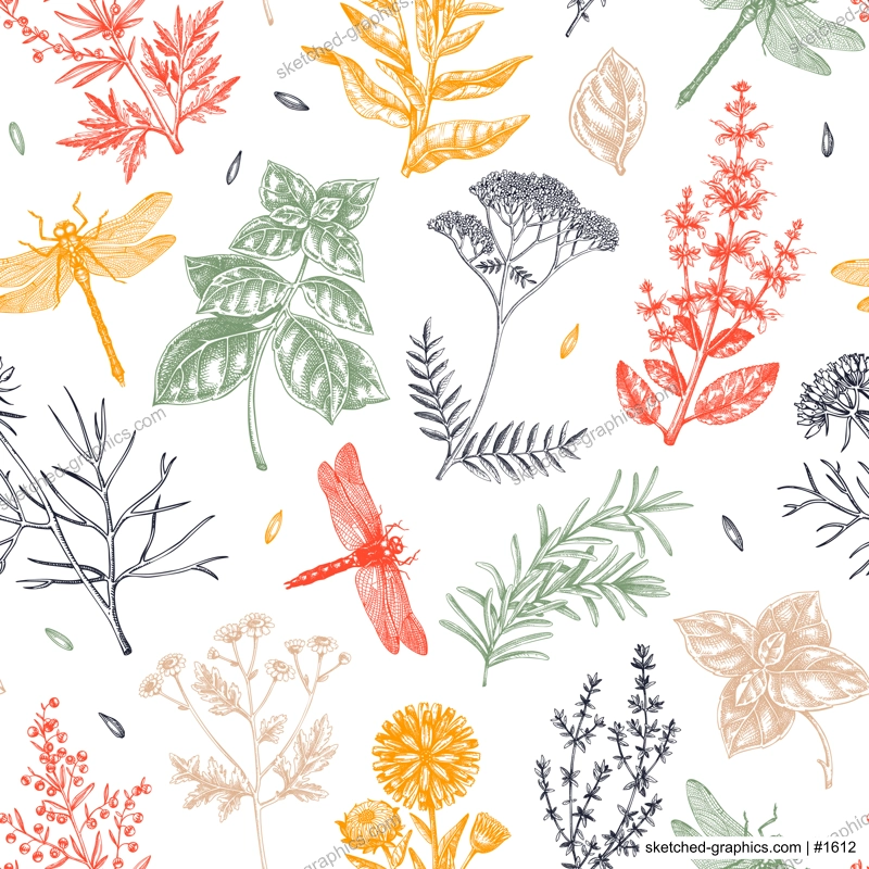 Apothecary plant background. Medicinal herbs seamless pattern. Insects hand-drawn vector illustration. NOT AI generated