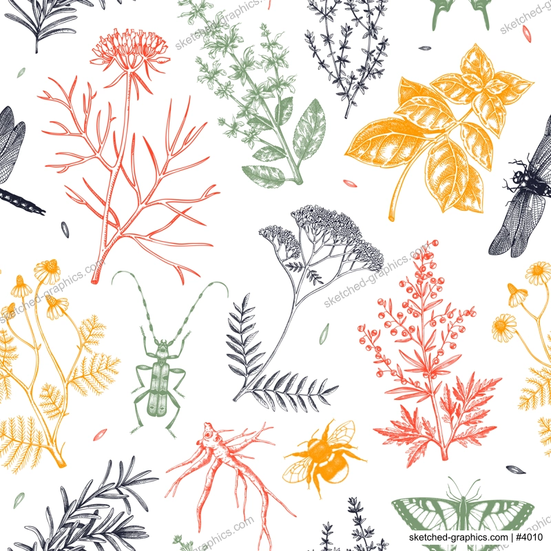 Apothecary plant background. Medicinal herbs seamless pattern. Insects hand-drawn vector illustration. NOT AI generated