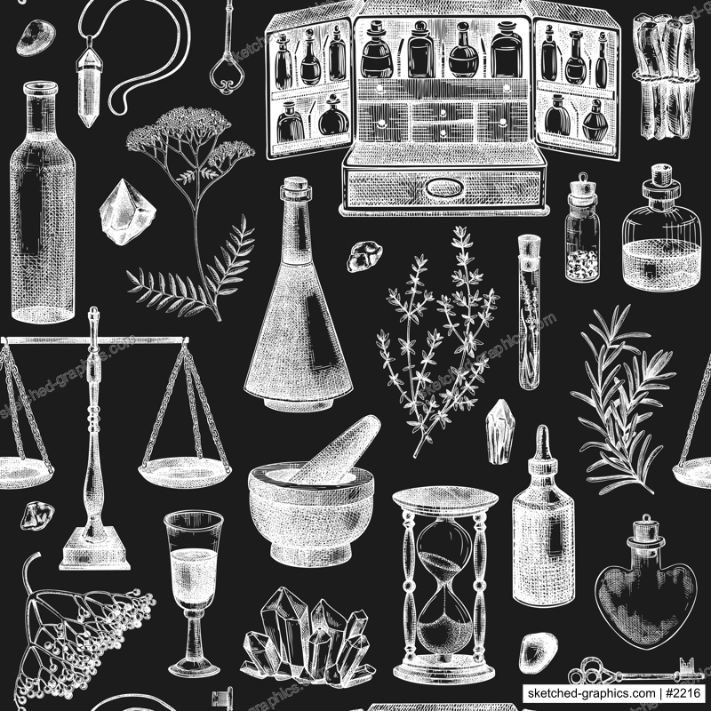 Antique apothecary background. Hand-drawn vector illustrations. Alchemy seamless pattern. Vintage chemistry glassware, healing herbs sketches, esoteric symbols. NOT AI generated