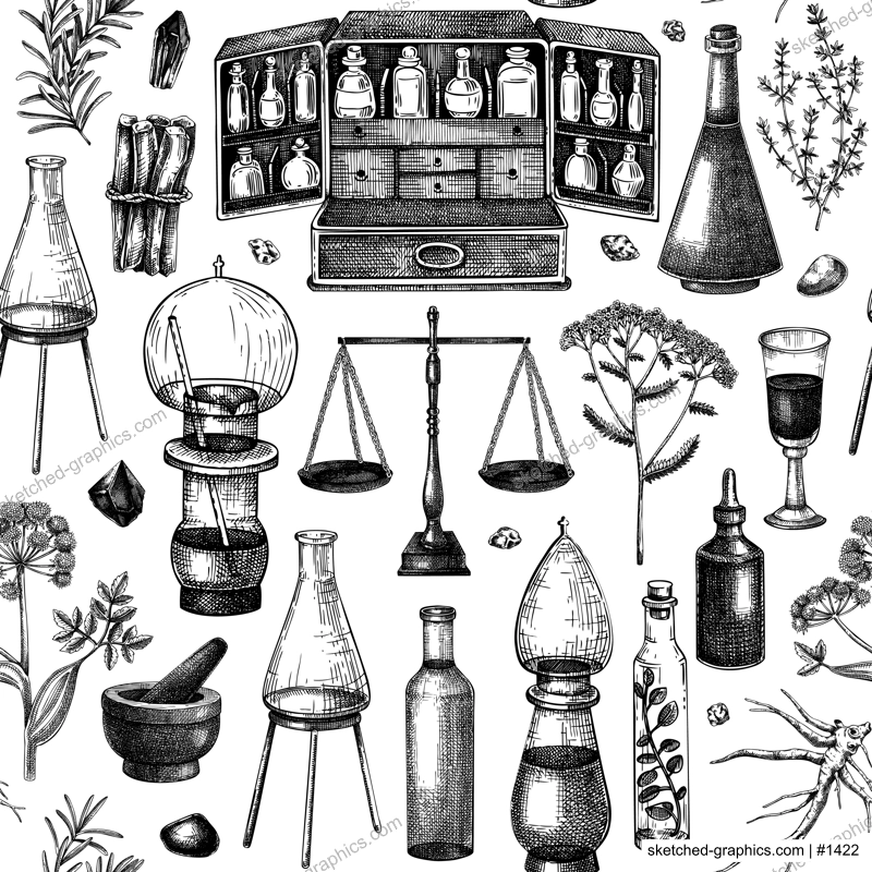 Antique apothecary background. Hand-drawn vector illustrations. Alchemy seamless pattern. Vintage chemistry glassware, healing herbs sketches. NOT AI generated