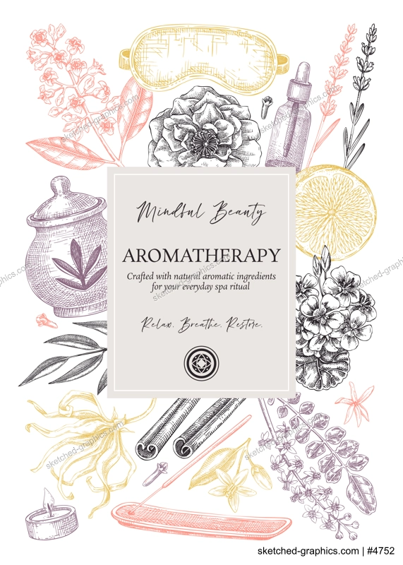 Aromatherapy elegant frame design. Spa and wellness hand-drawn vector illustration. Self care floral card, cover, flyer template. NOT AI generated