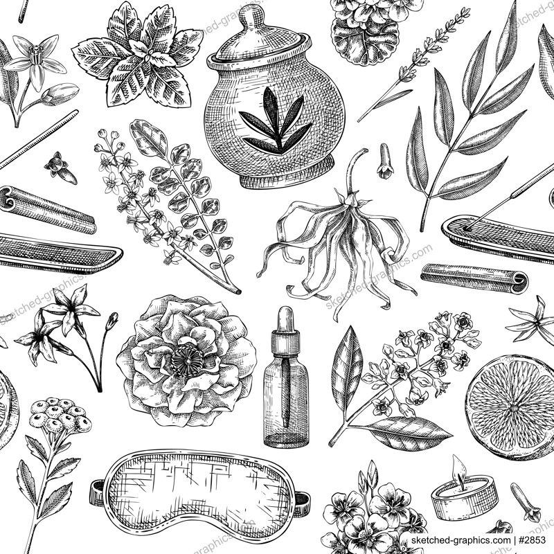 Aromatherapy background design. Welness seamless pattern. Aromatic herbs, fruits, floral sketches. Self care hand drawn vector illustration. Not AI generated