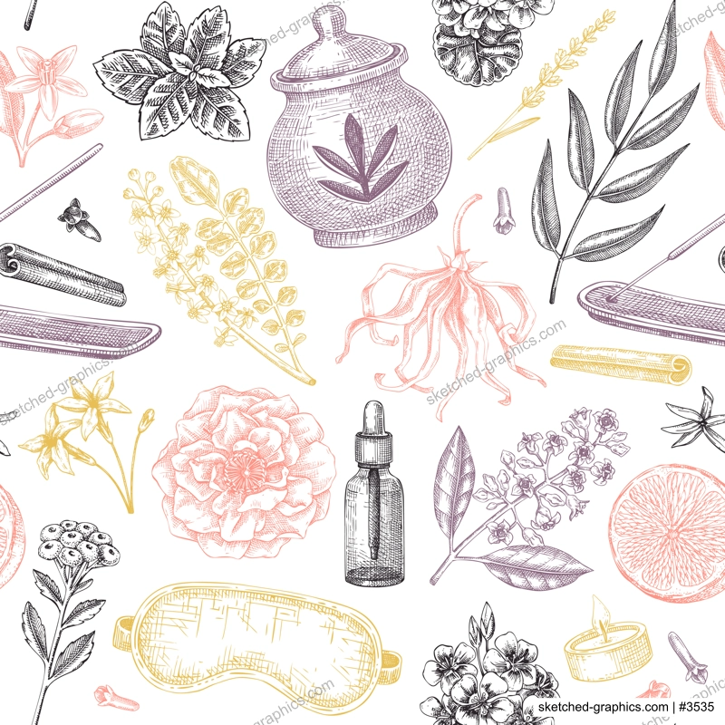 Aromatherapy background design. Welness seamless pattern. Aromatic herbs, fruits, floral sketches. Self care hand drawn vector illustration. Not AI generated