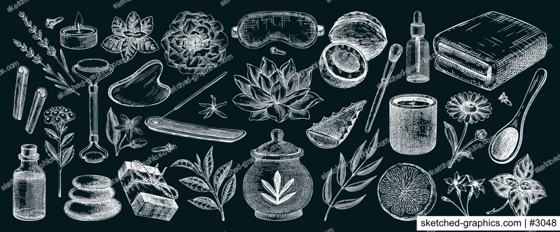 Aromatherapy, spa and wellness hand-drawn vintage illustrations. Essential oil bottle, incense holder, sleep mask, herbs, organic ingrediet sketches. Self care design elements. NOT AI generated