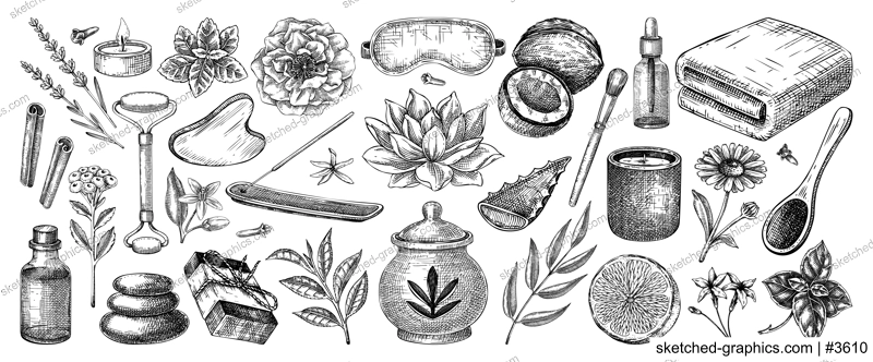 Aromatherapy, spa and wellness hand-drawn vintage illustrations. Essential oil bottle, incense holder, sleep mask, herbs, organic ingrediet sketches. Self care design elements. NOT AI generated