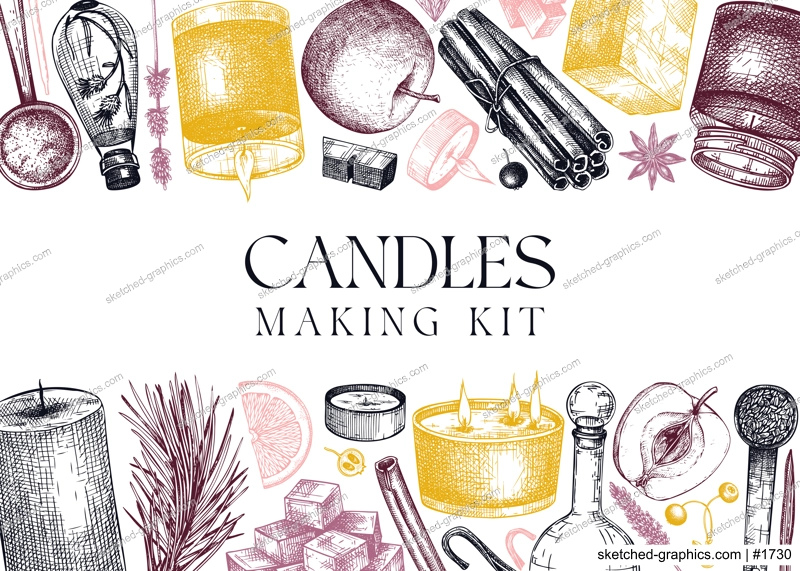 Hand-sketched aromatic candle ingredients banner. Vector design with candles, wax, fragrance, color, herbs, and skewers. Frame template for aromatherapy, hobby, handcrafts, candle making.
