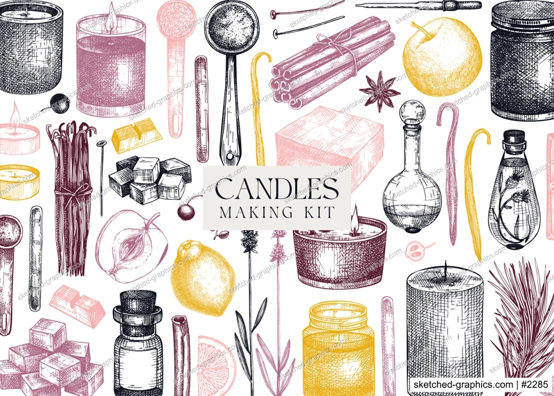 Hand-sketched aromatic candle ingredients banner. Vector design with candles, wax, fragrance, color, herbs, and skewers. Frame template for aromatherapy, hobby, handcrafts, candle making.