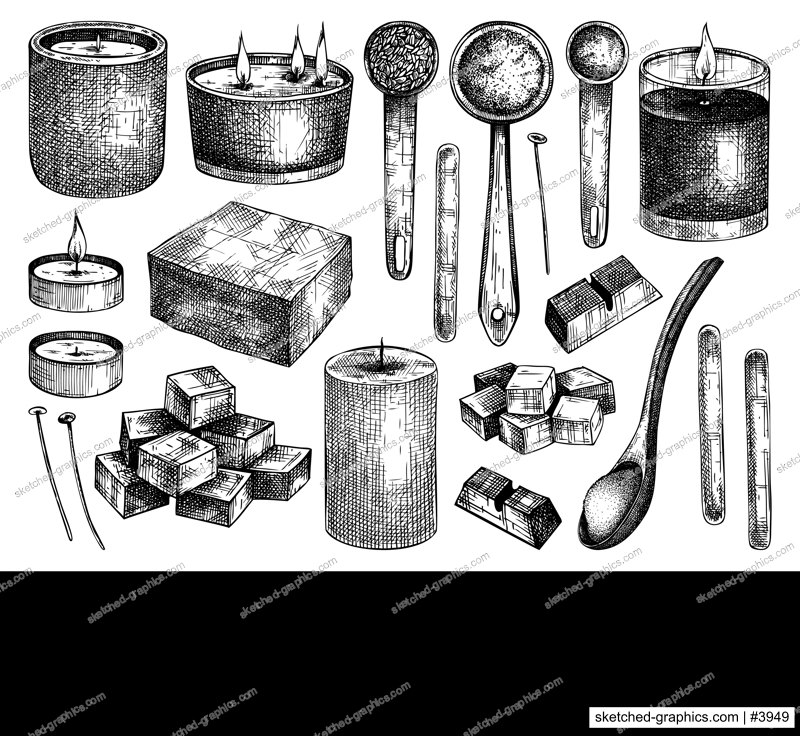 Hand-sketched aromatic candles ingredients collection. Vector illustrations of candles, wax, fragrance, color, and skewers. Natural materials for aromatherapy, hobby, handcrafts, candle making.