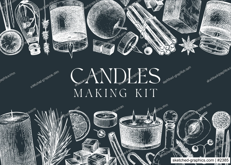 Hand-sketched aromatic candle ingredients frame on chalkboard. With candles, wax, fragrance, color, herbs, and skewers sketches. Vector design for aromatherapy, hobby, handcrafts, candle making.
