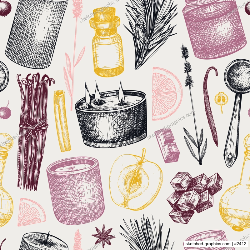 Aromatic candle ingredients seamless pattern. Vector background with hand-sketched materials for candles, soap, cosmetics, perfumery. The natural backdrop for wrapping paper, packaging, textile.