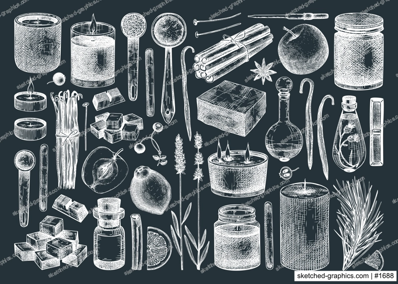 Hand-sketched aromatic candles ingredients set on chalkboard. Vector illustrations of candles, wax, fragrance, color, herbs. Natural materials for aromatherapy, hobby, handcrafts, candle making.