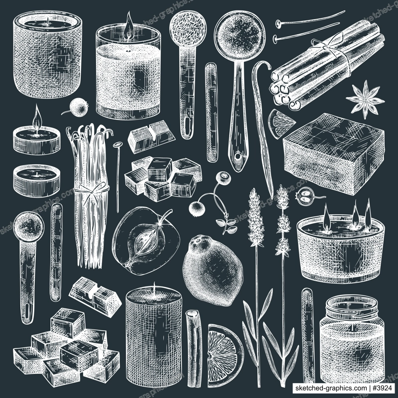 Hand-sketched aromatic candles ingredients set on chalkboard. Vector illustrations of candles, wax, fragrance, color, herbs. Natural materials for aromatherapy, hobby, handcrafts, candle making.