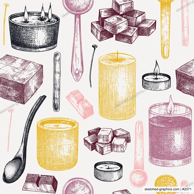Aromatic candles making kit background. Vector backdrop with candle ingredients, wax and fragrant materials. Seamless pattern for aromatherapy, hygge home or holiday decoration, meditation.