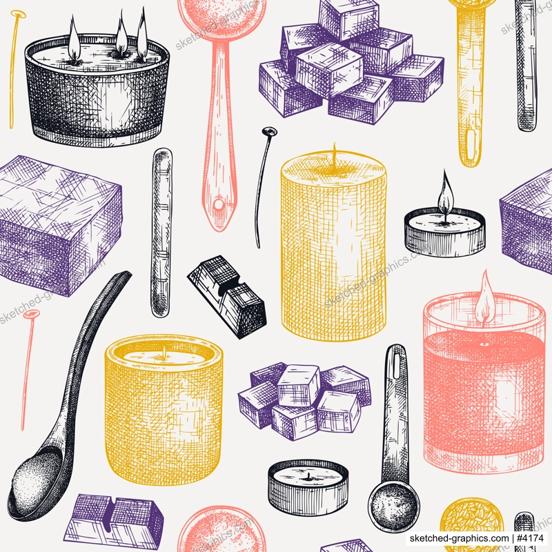 Aromatic candles making kit background. Vector backdrop with candle ingredients, wax and fragrant materials. Seamless pattern for aromatherapy, hygge home or holiday decoration, meditation.