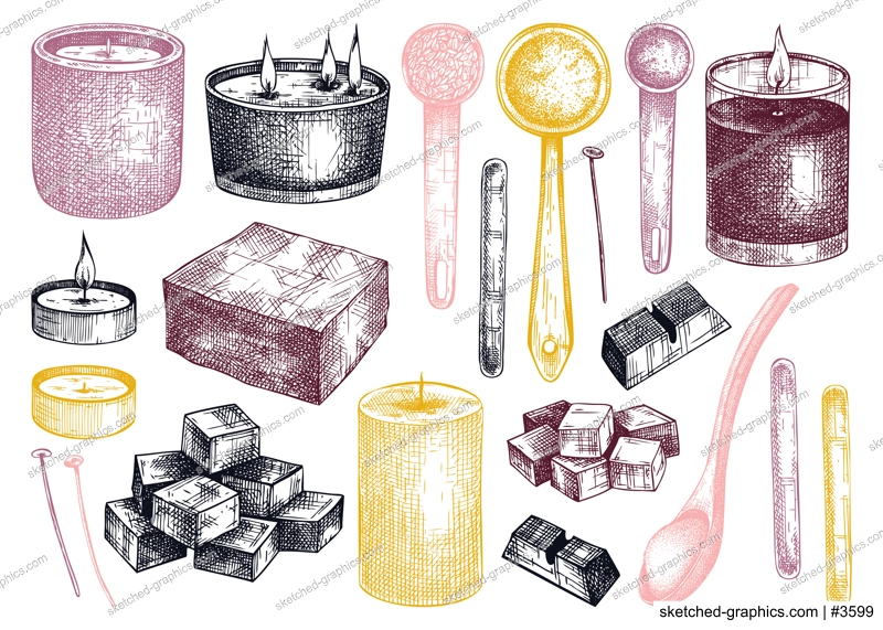 Hand-sketched aromatic candles ingredients collection. Vector illustrations of candles, wax, fragrance, color, skewers. Natural materials for aromatherapy, hobby, handcrafts, candle making.
