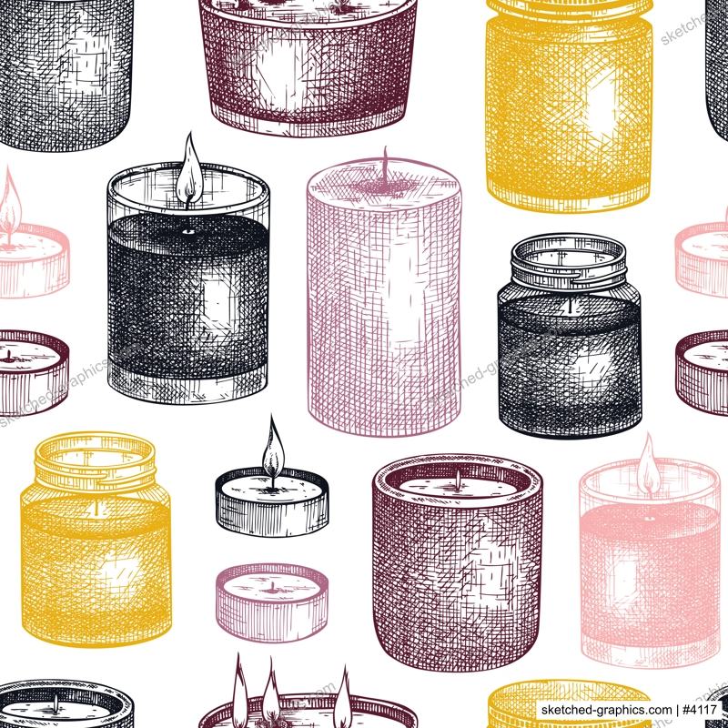 Hand-sketched aromatic candles backdrop. Vector seamless pattern with vintage jars and containers. Scented candles background for relaxing, aromatherapy, hobby, handcrafts, candle making.