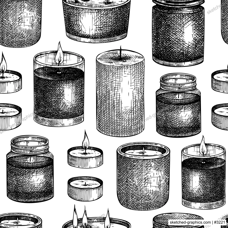 Hand-sketched aromatic candles backdrop. Vector seamless pattern with vintage jars and containers. Scented candles background for relaxing, aromatherapy, hobby, handcrafts, candle making.