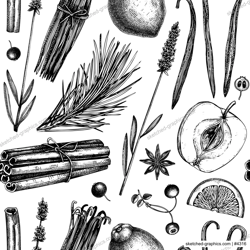 Aromatic ingredients seamless pattern. Vector background with hand-sketched materials for candles, soap, cosmetics, perfumery. Organic and botanical elements backdrop.