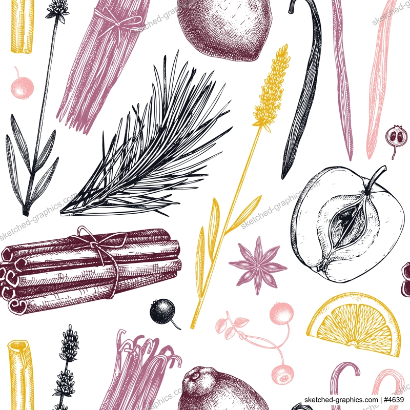 Aromatic ingredients seamless pattern. Vector background with hand-sketched materials for candles, soap, cosmetics, perfumery production. The natural backdrop for wrapping paper, packaging, textile.