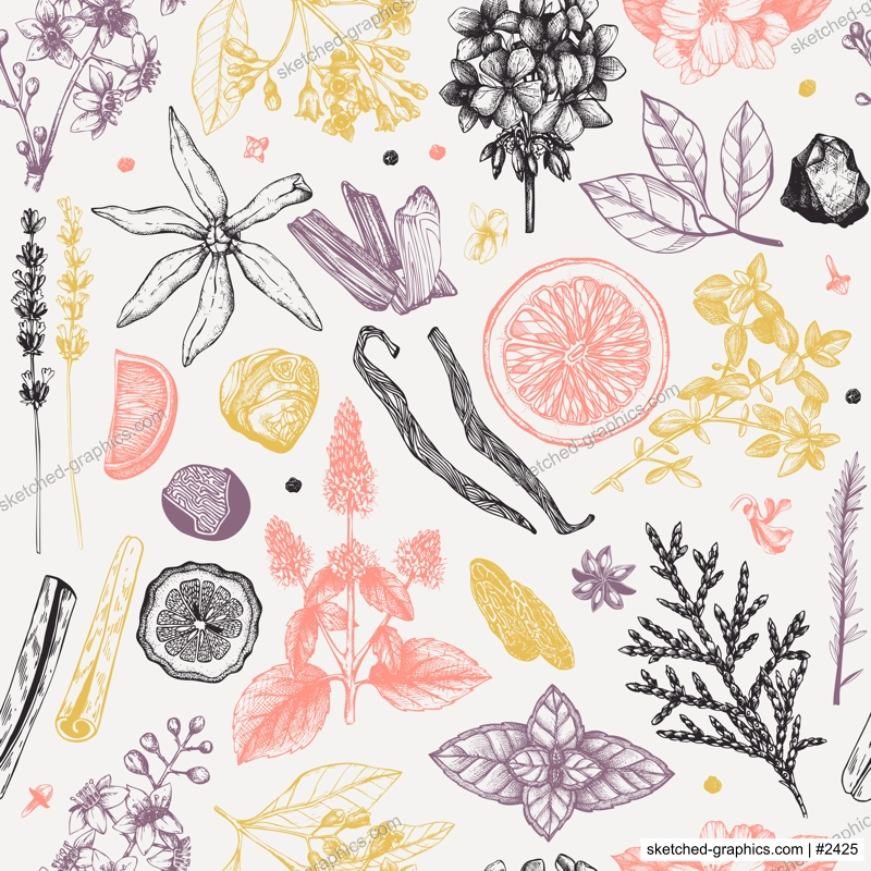 Aromatic seamless pattern. Cosmetics and perfumery background. Hand-drawn botanical illustration. Eco-friendly design. NOT AI generated