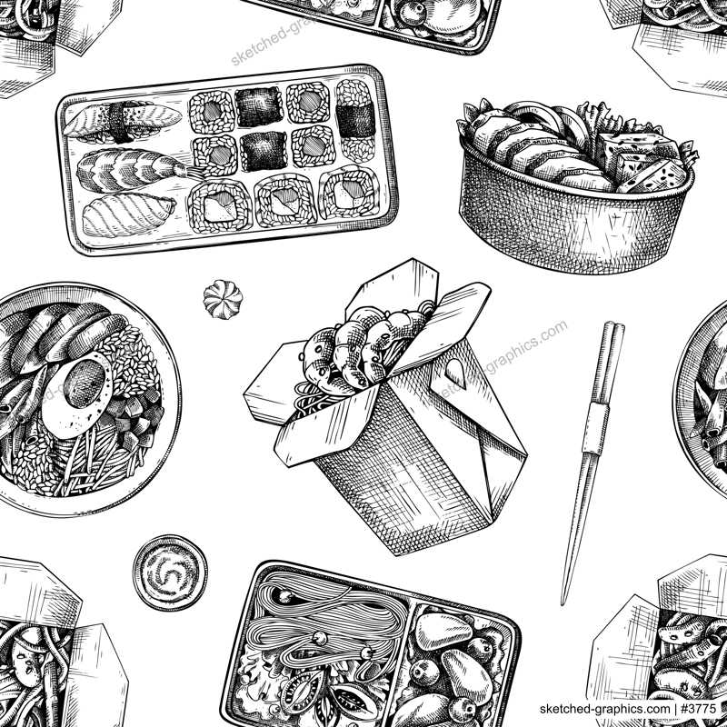 Asian cuisine background. Hand-drawn vector illustration. Fast food seamless pattern. Paper boxes for takeaway food, plastic containers for delivery.