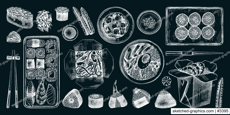 Asian food hand-drawn vector illustrations on chalkboard background. Japanese cuisine menu design elements. NOT AI generated