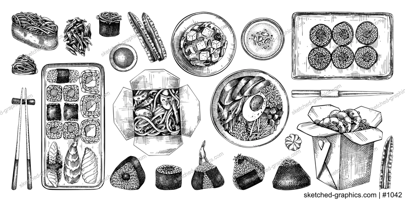 Asian food hand-drawn vector illustrations in engraved style. Japanese cuisine menu design elements. NOT AI generated