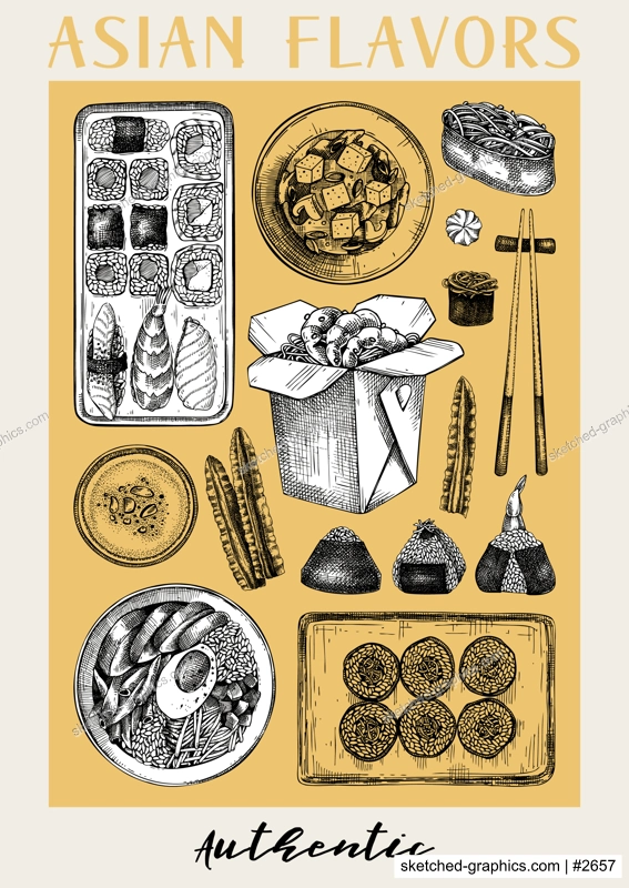Asian food hand-drawn vector illustrations in engraved style. Street food poster template. Japanese cuisine menu design. NOT AI generated