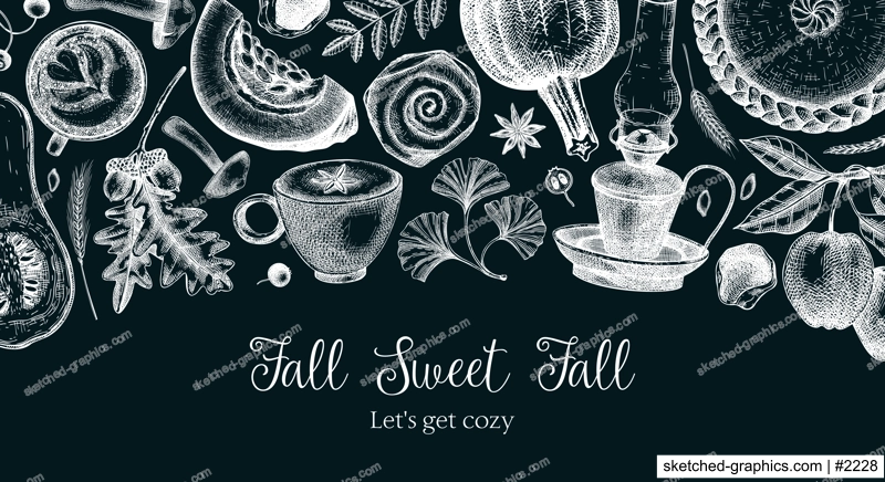 Vintage autumn banner design template. Hand-drawn vector illustration on chalkboard. Pumpkin, hot drink, fruit, pie, pastry, fall leaves sketches. Thanksgiving background 