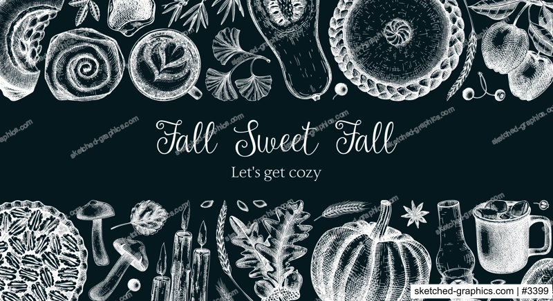 Vintage autumn banner design template. Hand-drawn vector illustration on chalkboard. Pumpkin, hot drink, fruit, pie, pastry, fall leaves sketches. Thanksgiving background 