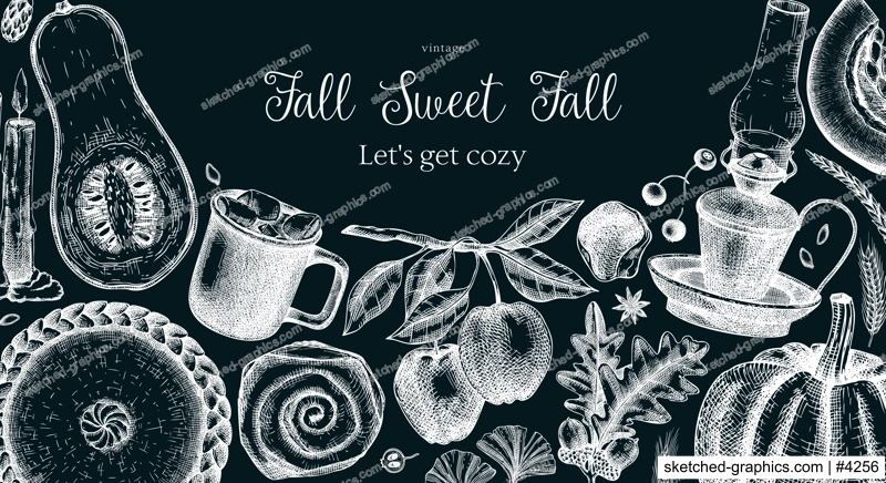 Vintage autumn banner design template. Hand-drawn vector illustration on chalkboard. Pumpkin, hot drink, fruit, pie, pastry, fall leaves sketches. Thanksgiving background 