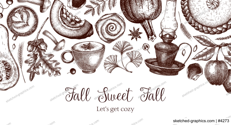 Vintage autumn banner design template. Hand-drawn vector illustration. Pumpkin, hot drink, fruit, pie, pastry, fall leaves sketches. Thanksgiving background 