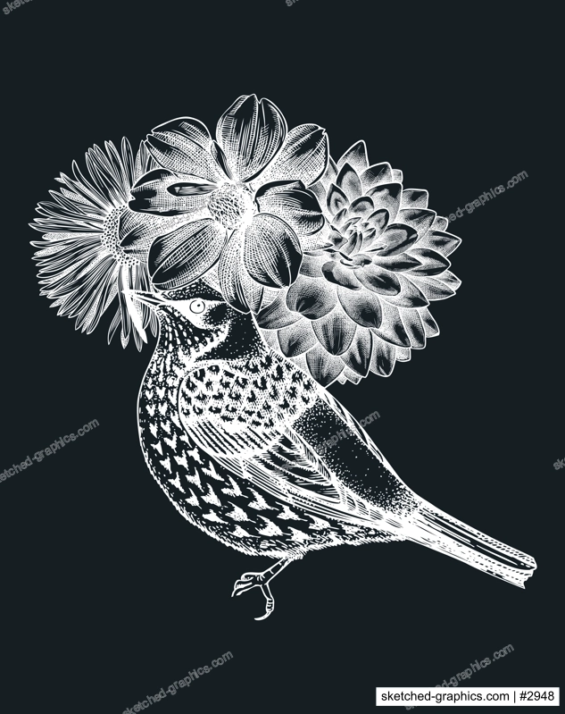 Hand-sketched bird with autumn flowers illustration on chalkboard. Fall design with birds, florals, geometric shapes, and abstract elements. Can be used for print, poster, wall art, social media