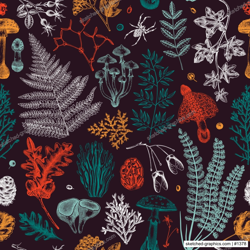 Vector seamless pattern with fern leaf, mushrooms, fall leaves and autumn plant sketches. Monochrome botanical repeating texture. Hand drawn autumn forest background. Vintage nature design for print