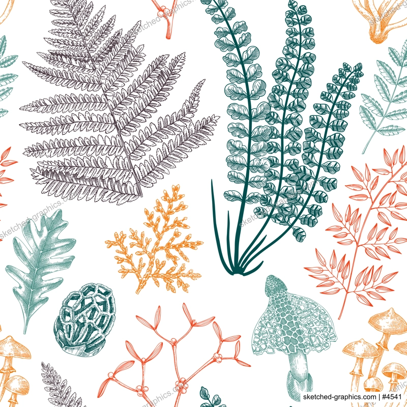 Vector seamless pattern with fern leaf, mushrooms, fall leaves and autumn plant sketches. Monochrome botanical repeating texture. Hand drawn autumn forest background. Vintage nature design for print