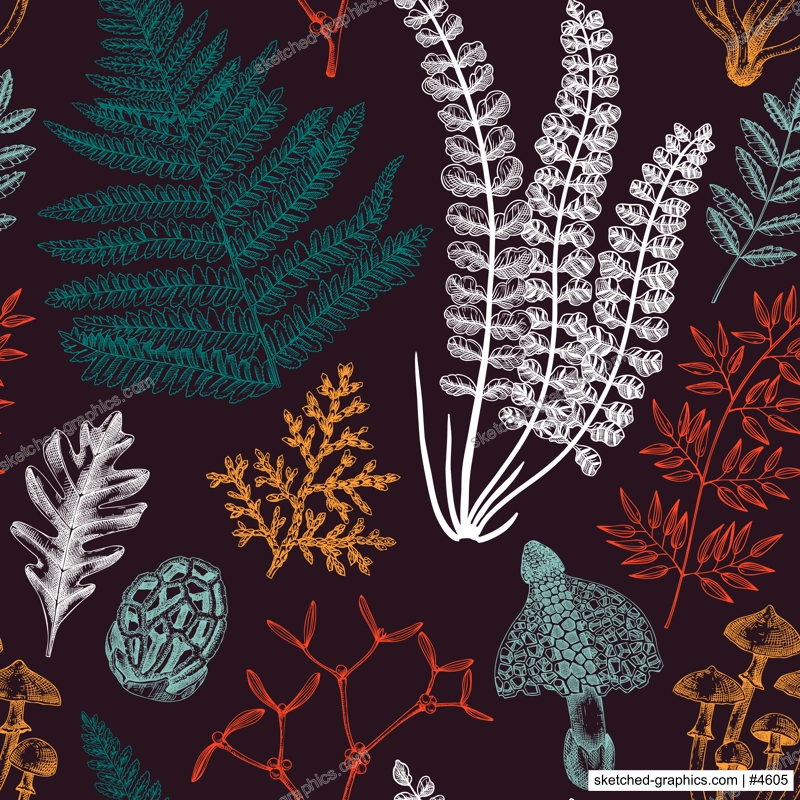 Vector seamless pattern with fern leaf, mushrooms, fall leaves and autumn plant sketches. Monochrome botanical repeating texture. Hand drawn autumn forest background. Vintage nature design for print