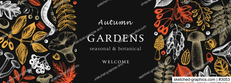 Hand sketched autumn design in color. Elegant and trendy botanical template with autumn leaves, pumpkins, berries, mushrooms, nuts drawings. Vintage plants template. Autumn food background.