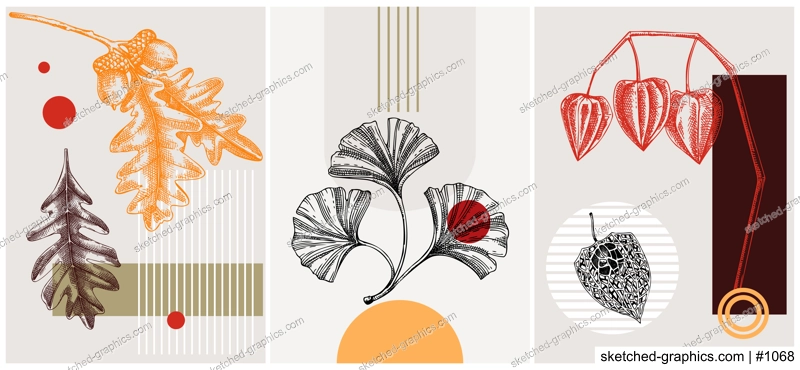 Collage style autumn vector illustration. Sketched leaves and dried flowers. Trendy fall design with botanical, geometric shapes, and abstract elements. For print, poster, card, social media