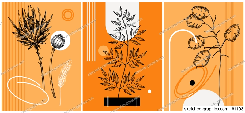 Collage style autumn vector illustration. Sketched leaves and dried flowers. Trendy fall design with botanical, geometric shapes, and abstract elements. For print, poster, card, social media