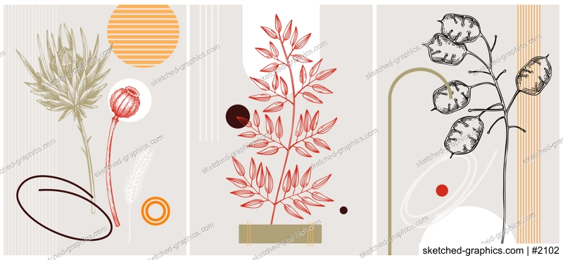Collage style autumn vector illustration. Sketched leaves and dried flowers. Trendy fall design with botanical, geometric shapes, and abstract elements. For print, poster, card, social media