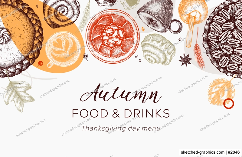 Autumn desserts banner in collage style. Thanksgiving dinner illustrations. Fall festival desserts, pies, cakes, drinks sketches. Sketched fall food background. Thanksgiving table trendy border in col