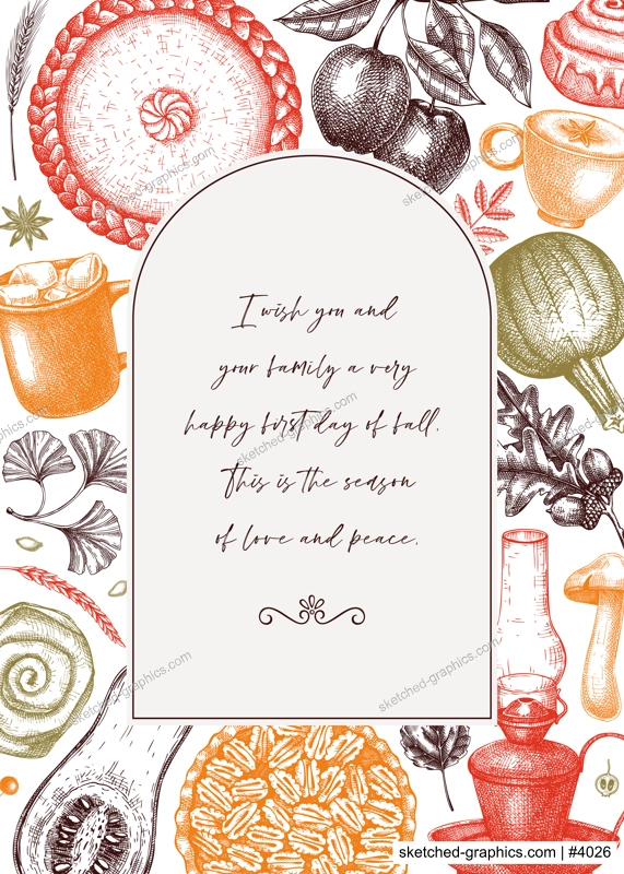 Autumn frame design template. Hand-drawn vector illustration. Pumpkin, hot drink, fruit, pie, vegetables, pastry, fall leaves sketches. Harvest banner n color. Thanksgiving background
