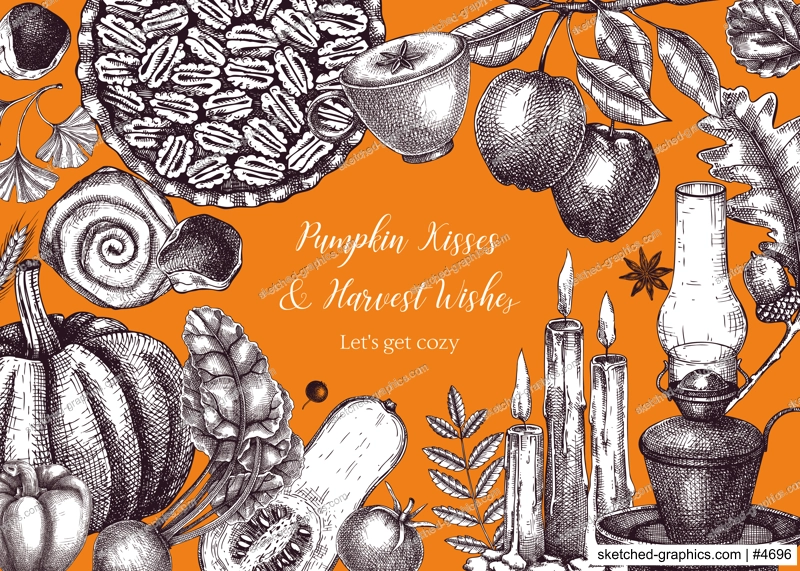 Autumn frame design template. Hand-drawn vector illustration. Pumpkin, hot drink, fruit, pie, vegetables, pastry, fall leaves sketches. Thanksgiving background, banner, border