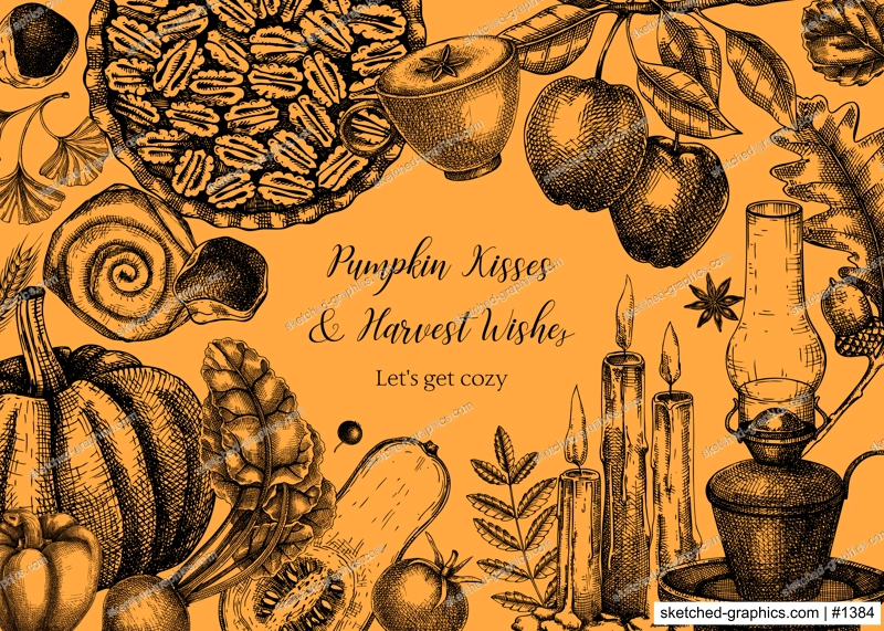 Autumn frame design template. Hand-drawn vector illustration. Pumpkin, hot drink, fruit, pie, vegetables, pastry, fall leaves sketches. Thanksgiving background, banner, border