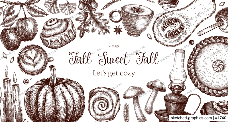 Autumn frame design template. Hand-drawn vector illustration. Pumpkin, hot drink, fruit, pie, pastry, fall leaves sketches. Thanksgiving background, banner, border