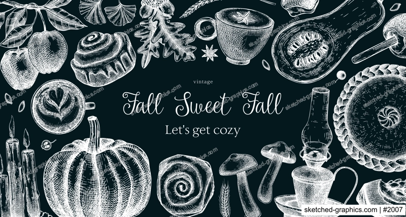 Autumn frame design template. Hand-drawn vector illustration on chalkboard. Pumpkin, hot drink, fruit, pie, pastry, fall leaves sketches. Thanksgiving background, banner, border