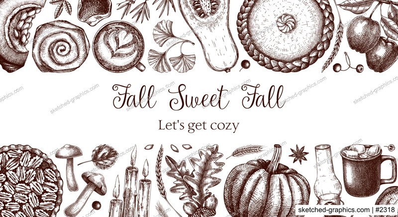 Vintage autumn frame design template. Hand-drawn vector illustration. Pumpkin, hot drink, fruit, pie, pastry, fall leaves sketches. Thanksgiving background in engraved style