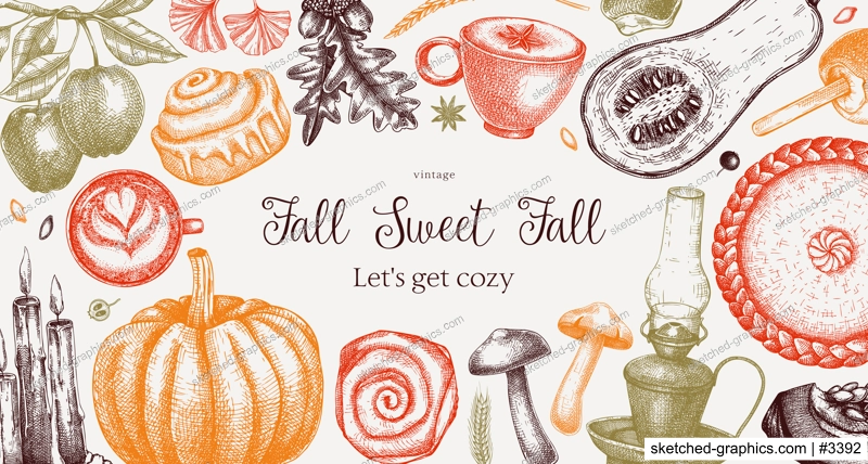 Autumn frame design template. Hand-drawn vector illustration in color. Pumpkin, hot drink, fruit, pie, pastry, fall leaves sketches. Thanksgiving background, banner, border